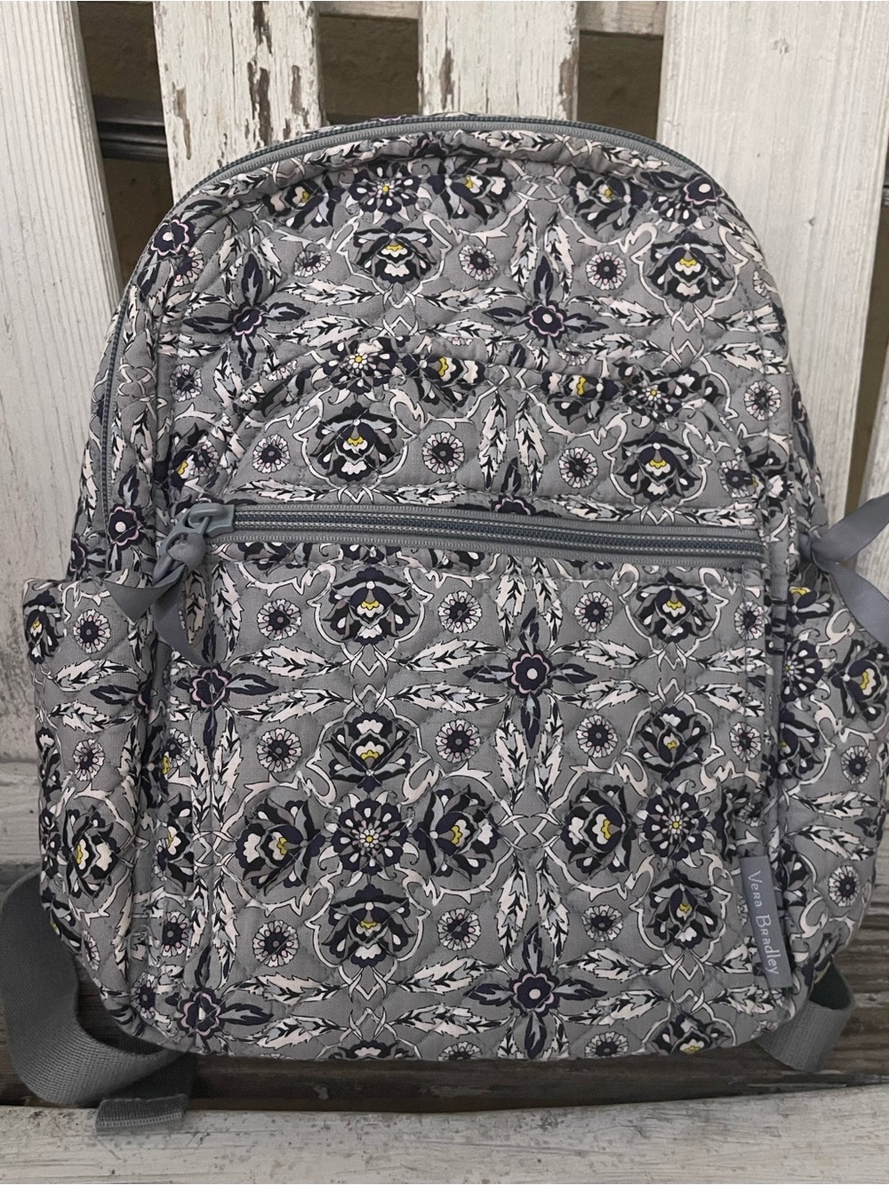 Vera Bradley Small Backpack Plaza Tile Gray Quilted Cotton Travel Bookbag Bag